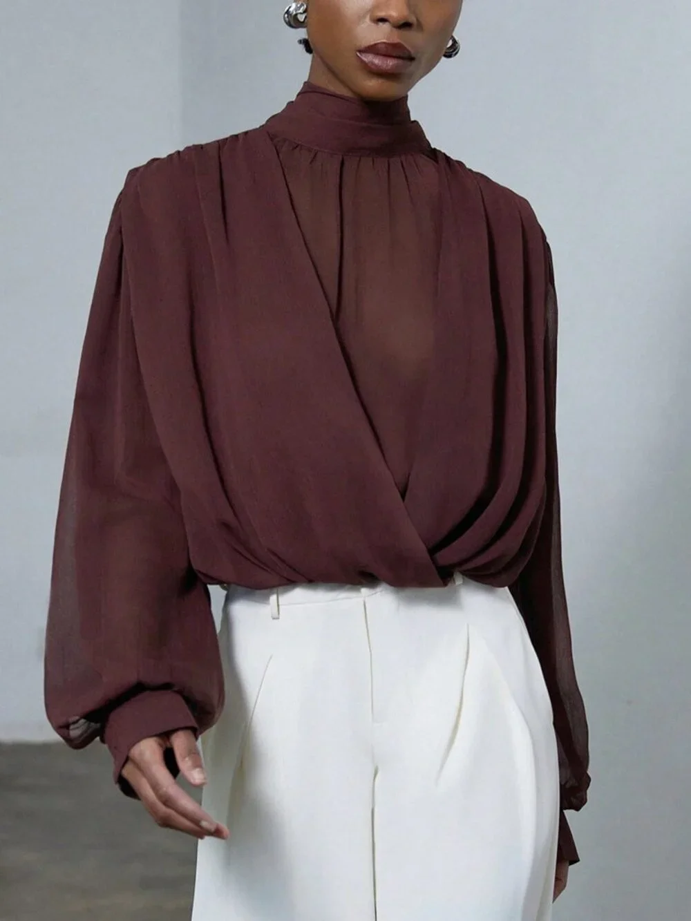 Rusty Rose Elegant Women's Tie Neck Detail Mock Neck Blouse - Picture 5 of 5